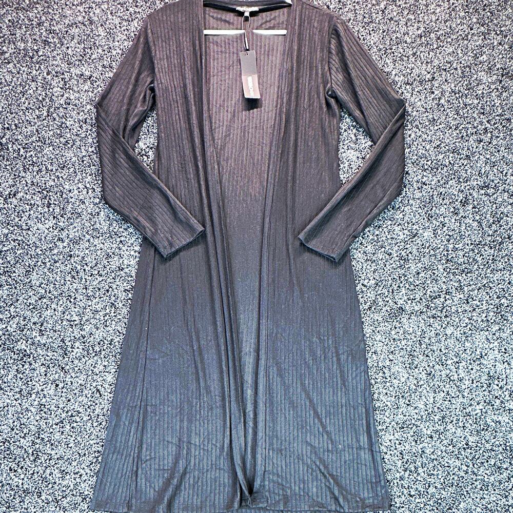 Fashion Nova Nori Long Cardigan Duster Womens M Black Ribbed Open Front